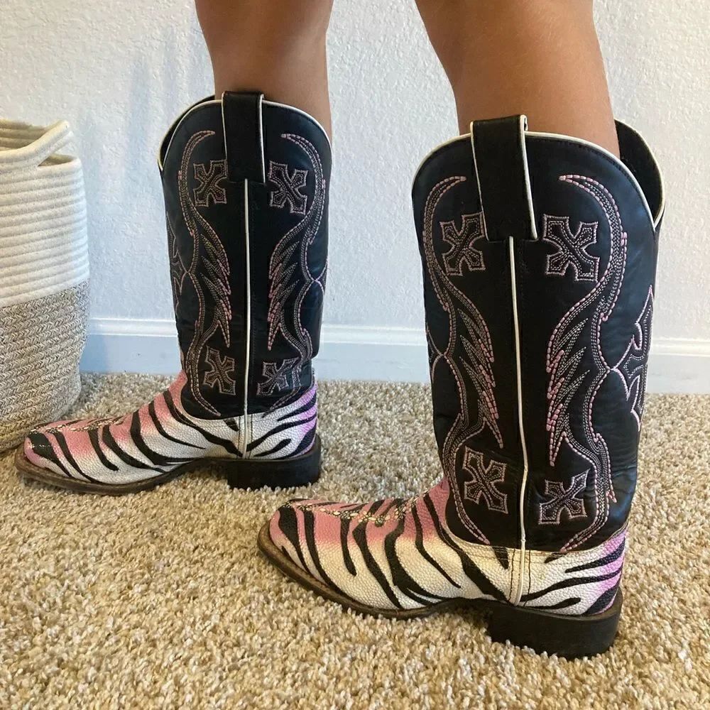 Nocona Women’s Square Toe Stingray Leather Western Pink Zebra Print Cowboy Boots
